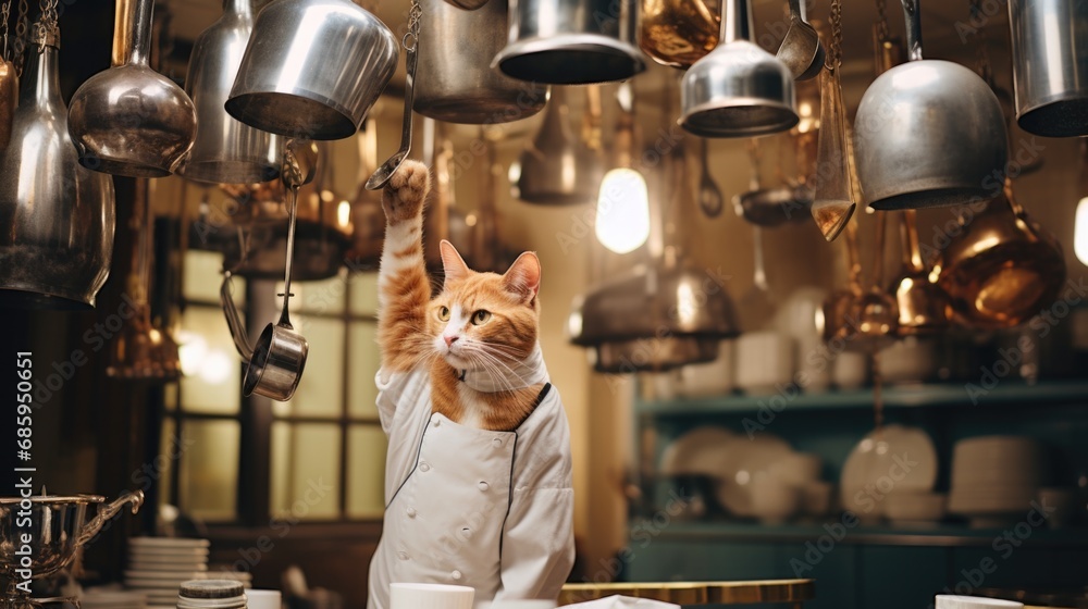 A cat in a chef's outfit is standing on a counter. Generative AI. - obrazy, fototapety, plakaty 