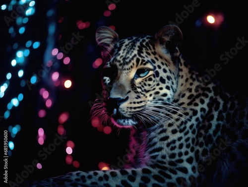 A leopard is sitting in front of a colorful background. Generative AI.