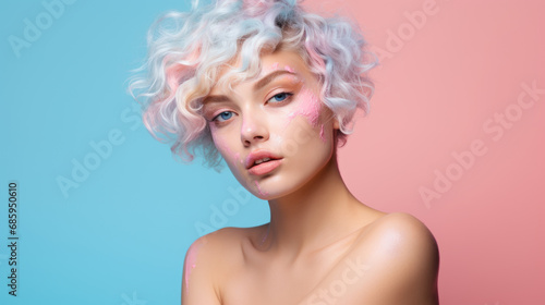 Young beautiful Caucasian girl with an curly vibrant colors hairstyle. Portrait. Pink, light blue background.