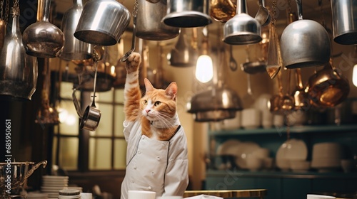 A cat in a chef's outfit is standing on a counter. Generative AI.