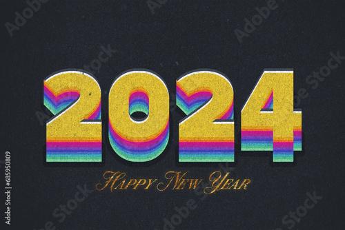 2024 Happy New Year 3d Vintage colorful text and golden glitter, distressed design
 (ID: 685950809)