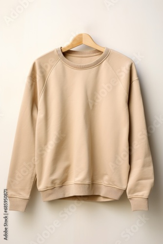 real sand-color crew-neck sweatshirt hanging on white background 