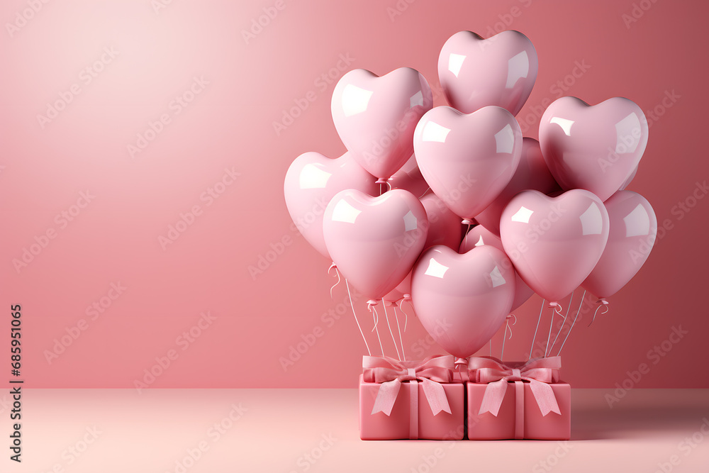 Background of Pink balloons flying with pink gift boxes with bows and ribbon, with copy space. E-commerce. Mother's Day and Valentine's concept. Romantic background.