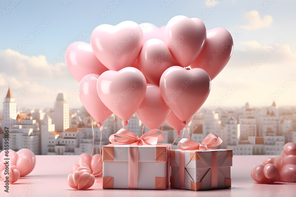 Background of Pink balloons flying with pink gift boxes with bows and ribbon, with a city in the background, with copy space. E-commerce. Mother's Day and Valentine's concept. Romantic background.