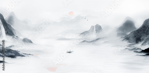 Hand drawn Chinese style ink landscape painting with artistic conception