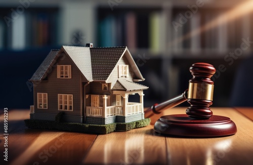 Gavel with model house on a table with home insurance and law home concept.