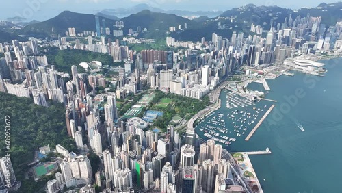 Aerial Drone Skyview in Hong Kong Victoria Harbour seaside Kowloon Peninsula Tsim Sha Tsui Whampoa Hung Hom and Central Wan Chai Causeway Bay Happy Valley Financial and Commercial area photo