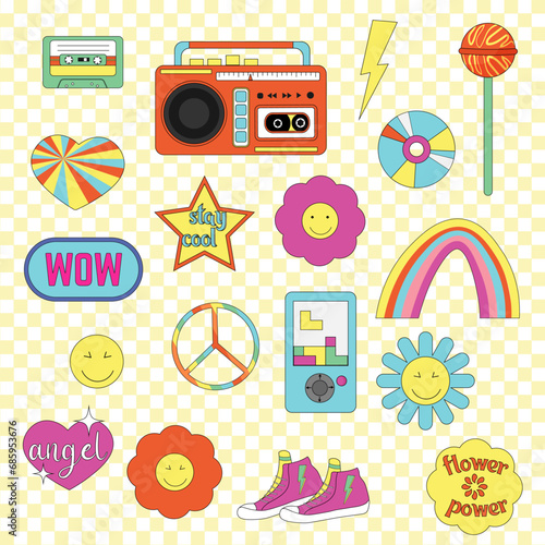 Classic retro elements from the 80s and 90s. A set of bright illustrations - a stereo tape recorder and CDs, sneakers, cassettes, bright flowers and smiley faces, a lollipop. Vector. For flyers