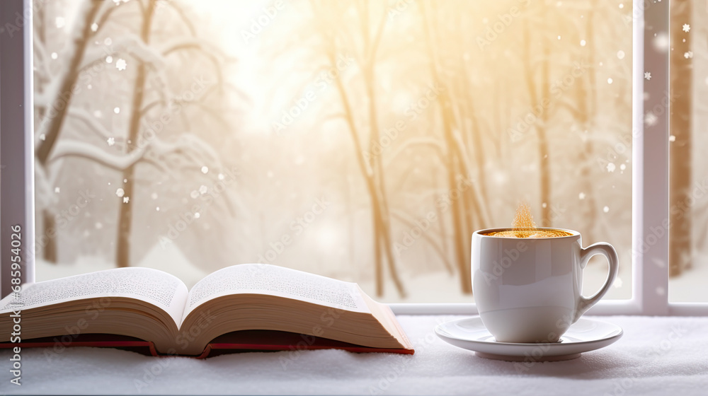 coffee cup and open book on a window sill in winter. home comfort in snowy cold weather. winter concept coffee cup and open book on a window sill in winter. home comfort in snowy cold weather. winter concept