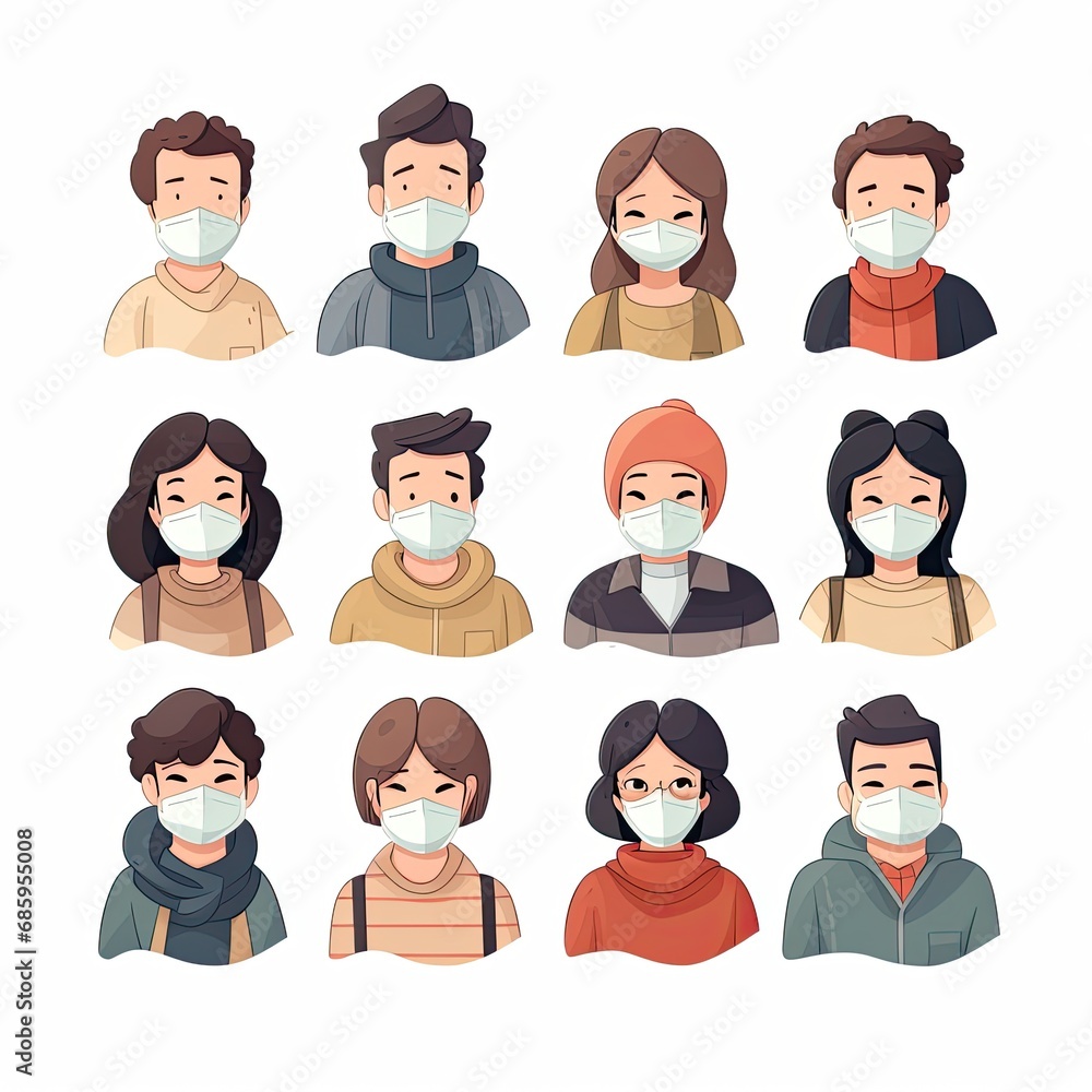 Fototapeta premium student young people of different age and ethnicity wearing surgical disposable and fabric breathing masks.