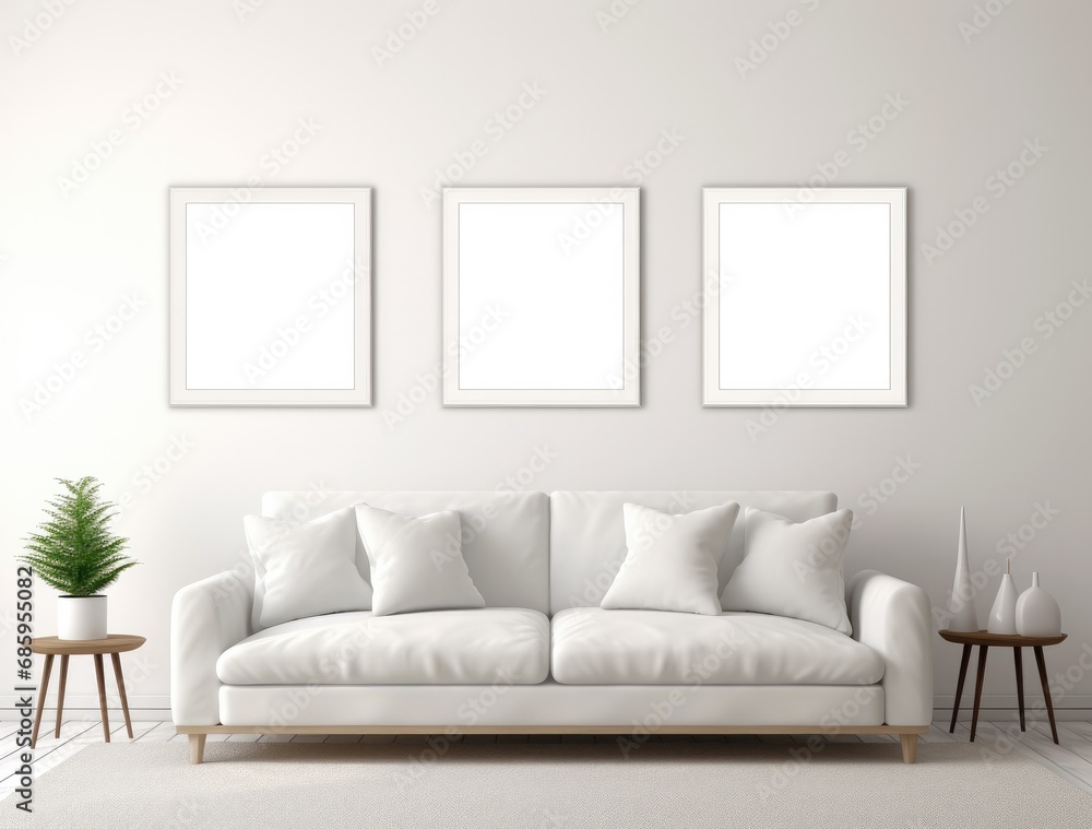 Three wall frames mockup with mirror and white couch in a lounge in white room. Three wall frames mockup with mirror and white couch in a lounge in white room.