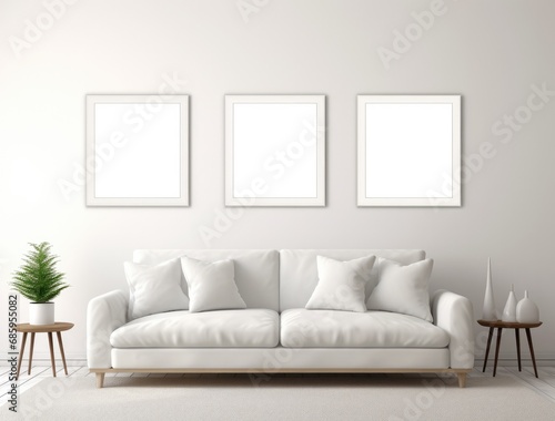 Three wall frames mockup with mirror and white couch in a lounge in white room.