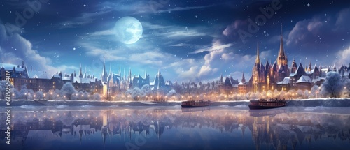 Enchanting nighttime scenery of fairytale castle with full moon. Fantasy landscape.