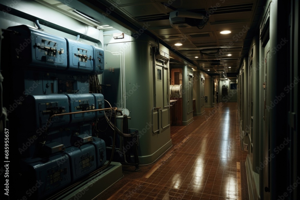 A futuristic power generation room of a cruise liner, with technicians monitoring large generators providing uninterrupted electricity. Blue lights illuminate the long hallway. Generative AI.