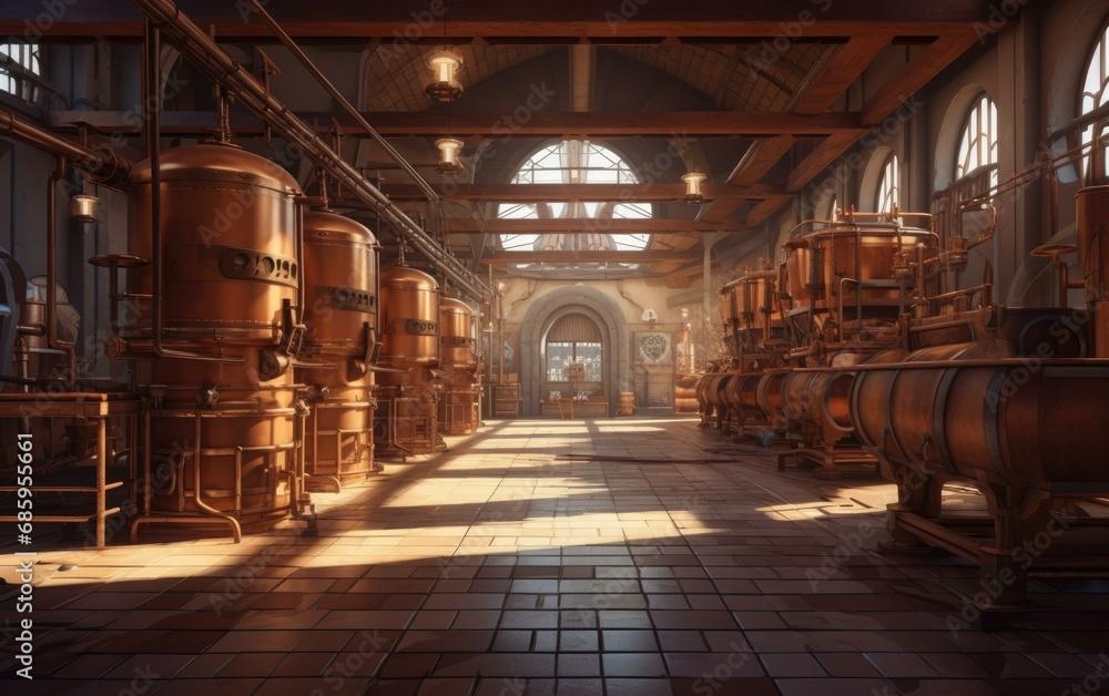 An old brewery with copper kettles and wooden barrels. Brewers check the equipment in the malt-scented air. Generative AI.