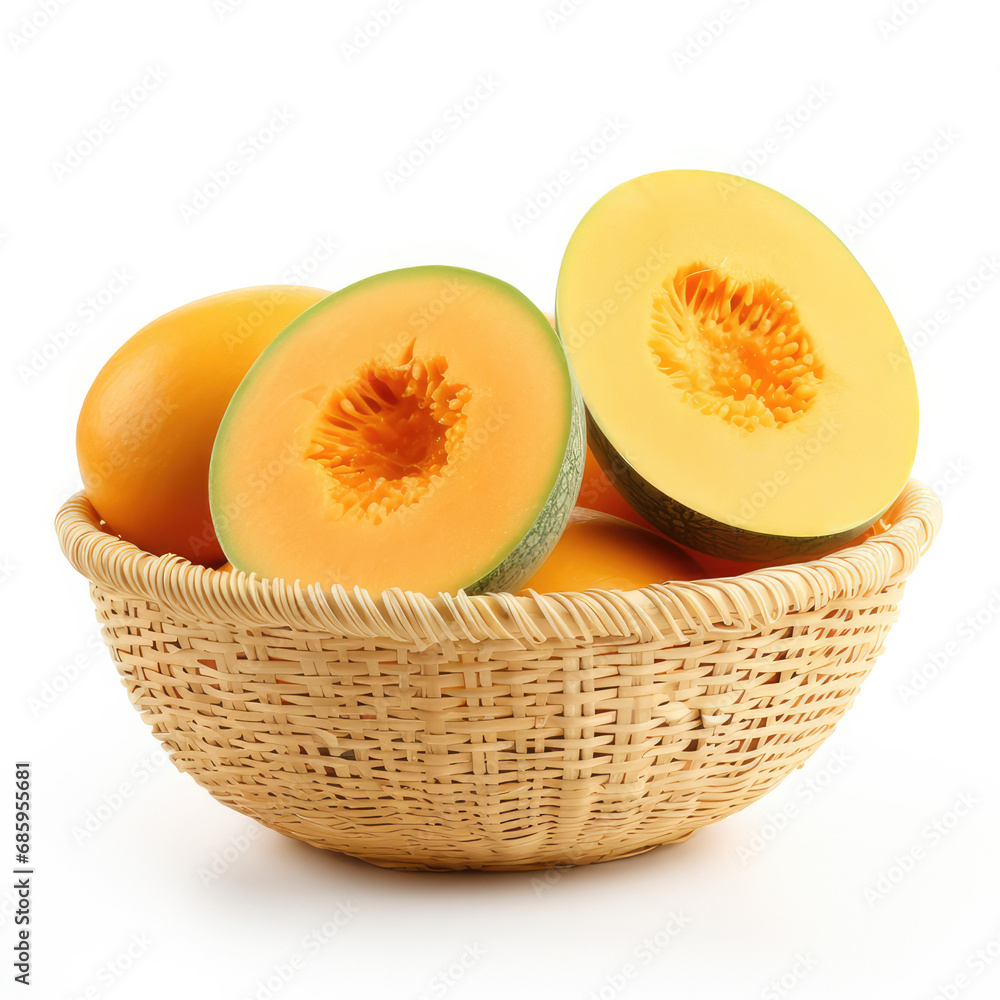 cantaloupe in basket isolated on white background cantaloupe in basket isolated on white background