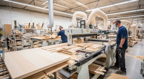 Skilled craftsmen and automated machinery create high-quality furniture in a woodworking factory. Generative AI.