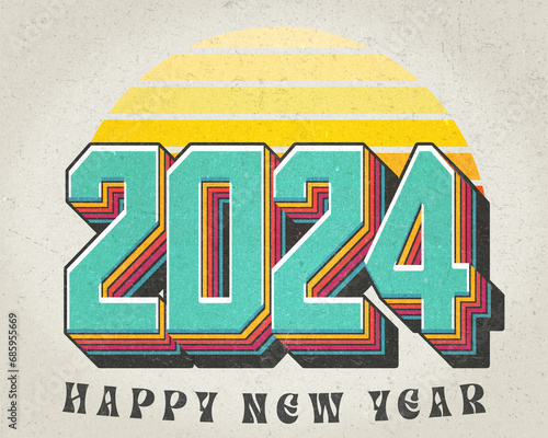 2024 Happy New Year 3d Vintage colorful text and retro sunset, distressed design
 (ID: 685955669)