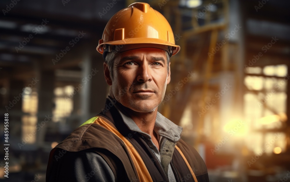 A confident construction foreman in a hard hat, overseeing work on a building site. Generative AI. A confident construction foreman in a hard hat, overseeing work on a building site. Generative AI.