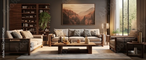 Living room with sofa, carpet, wood panels and stylish decorations © Faheem
