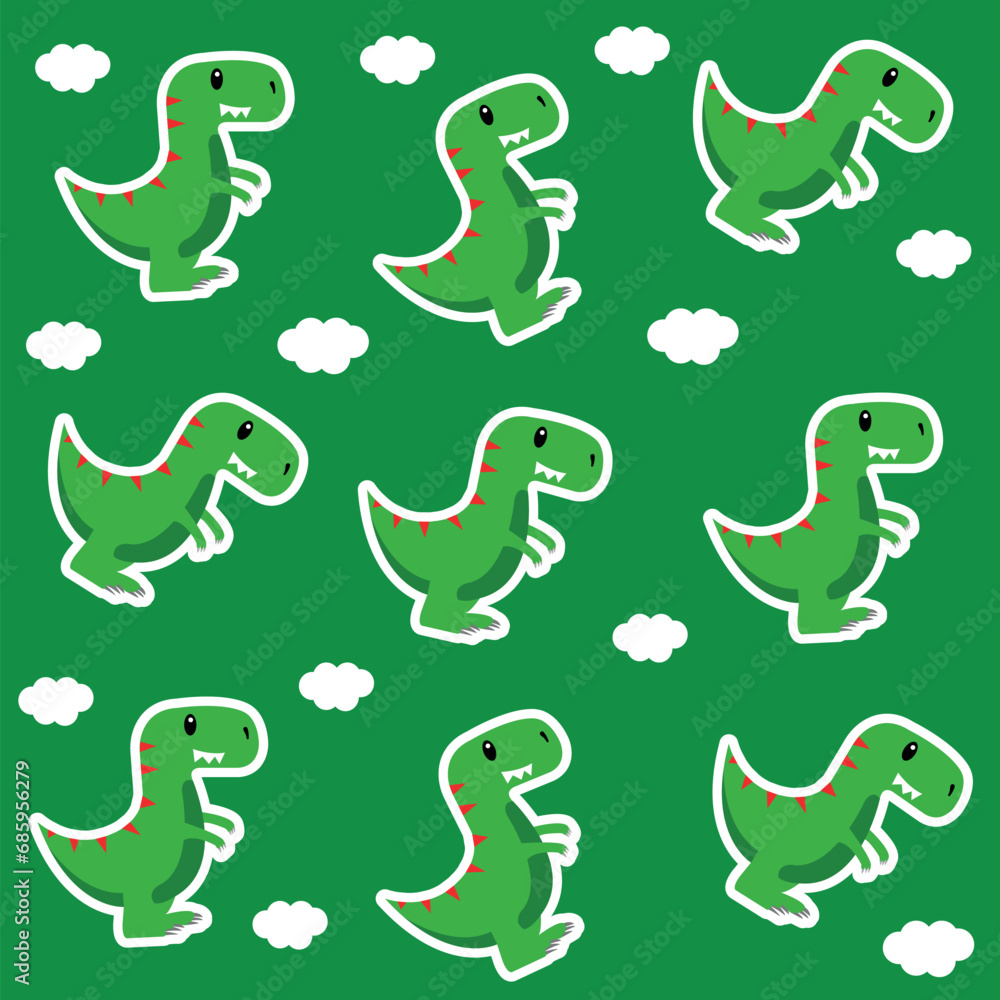 Green dinosaur pattern with clouds drawn illustrated green background Green dinosaur pattern with clouds drawn illustrated green background