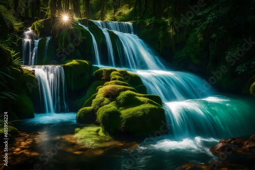 waterfall in the forest at sunrise view