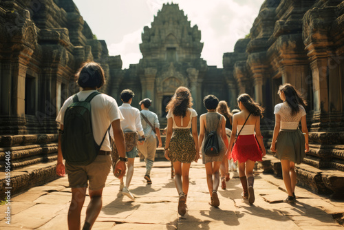 Back view of tourist people walking into the entrance to ancient temple background. © Virtual Art Studio