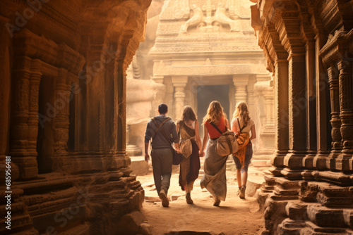 Back view of tourist people walking into the entrance to ancient temple background. photo
