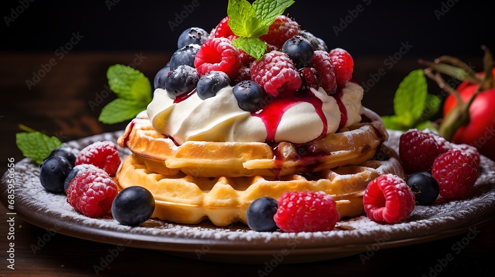 Waffles with whipped cream and berries