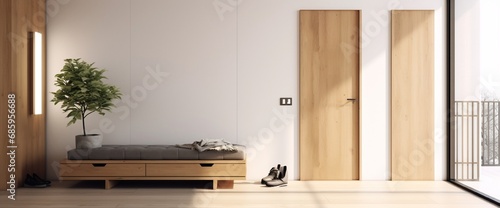 Minimalist hallway with modern interior design in contemporary apartment. Comfortable shoe storage bench near black frame mirror on white wall. Wooden coat hanger in hall with chest drawers