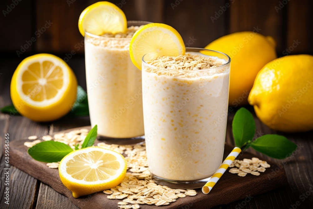 A Tall Glass of Frothy Lemon Oat Milk Latte with Fresh Lemons and Oats as Decorations