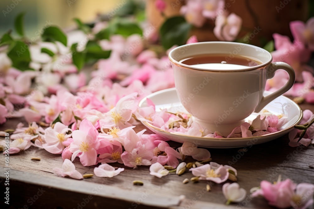 A peaceful afternoon break with a steaming cup of Jasmine Rose Tea and fresh flowers on a rustic table setting A peaceful afternoon break with a steaming cup of Jasmine Rose Tea and fresh flowers on a rustic table setting