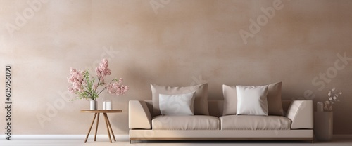 Minimalist living room interior design with beige sofa, creative metal side table and modern home accessories. Wallpaper. Copy space. Template.