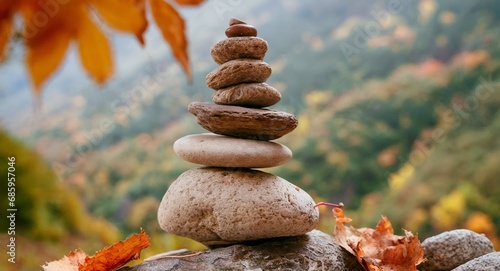 Stone tower in autumn. Stones Balance, Natural stones under the autumn leafs.