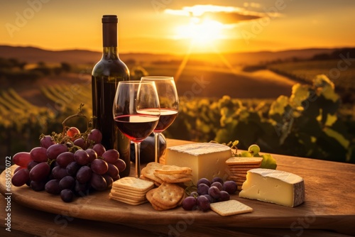 A rustic setting featuring a bottle of Carmenere wine accompanied by a selection of cheeses and fresh grapes