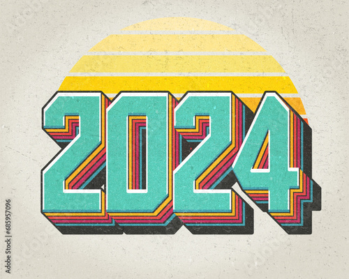 2024 Happy New Year 3d Vintage colorful text and retro sunset, distressed design
 (ID: 685957096)