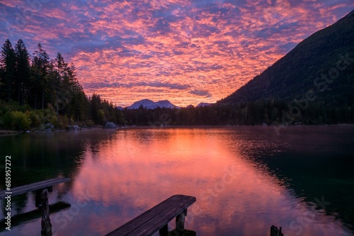 Sunrise at Hintersee, Berchtesgaden National Park, Upper Bavaria, Bavaria, Germany, Europe photo