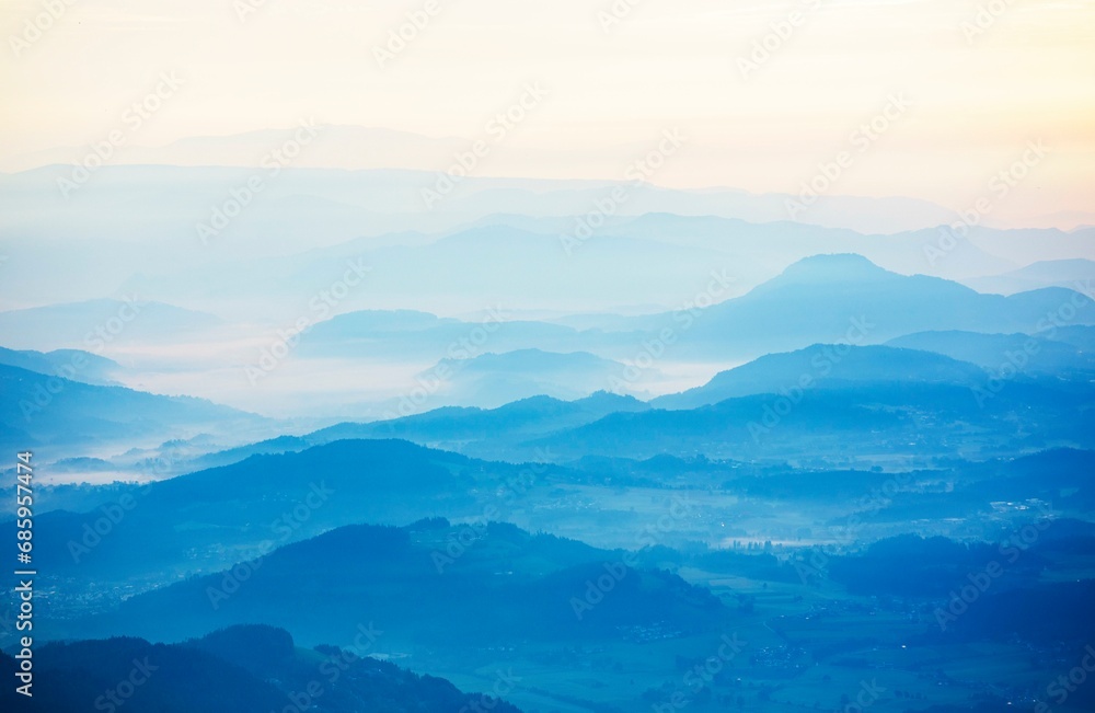 Mountain silhouette, mountains at dawn with view into the Klagenfurt basin, Gerlitzen, Gerlitzen Alpe, Nockberge, Gurktaler Alps, Carinthia, Austria, Europe Mountain silhouette, mountains at dawn with view into the Klagenfurt basin, Gerlitzen, Gerlitzen Alpe, Nockberge, Gurktaler Alps, Carinthia, Austria, Europe