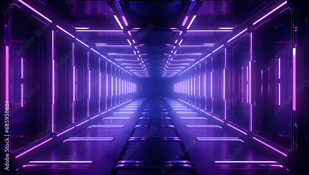 A dark and colorful neon lit corridor