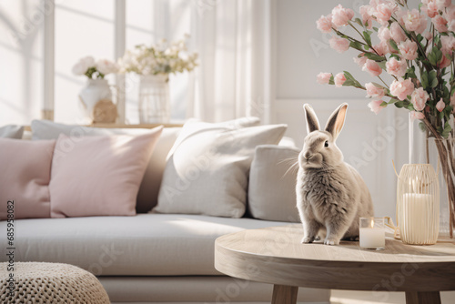A close-up photo capturing the chic atmosphere of a spring-themed living room. Feature a wooden coffee table with a glass vase and leaves, a white bunny Easter decor, and a stylish chair with pillows. © Kuo