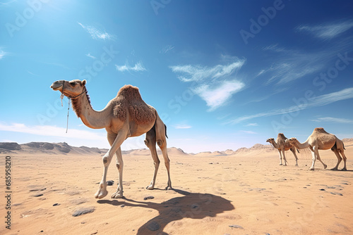 camels walking on the desert with blue sky