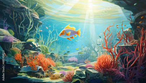 A fish underwater in a beautiful environment