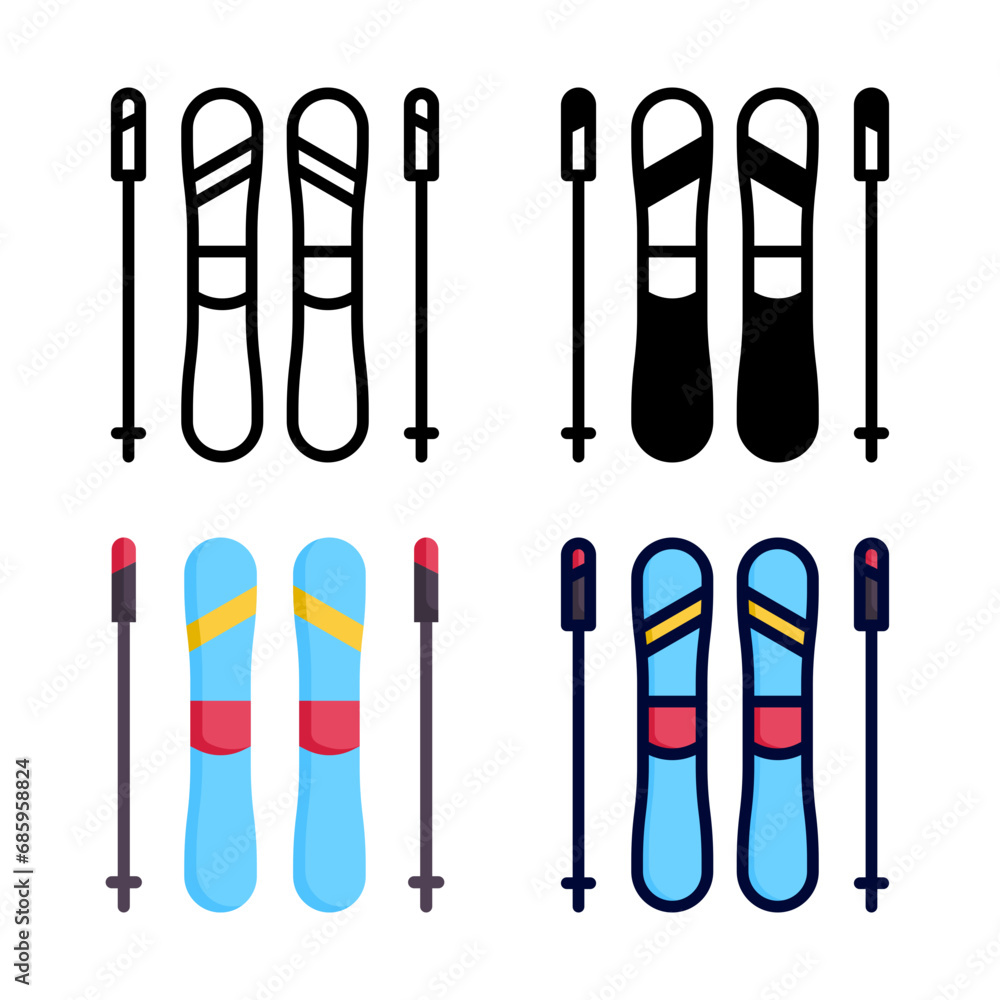 Ski icon set style collection in line, solid, flat, flat line style on white background Ski icon set style collection in line, solid, flat, flat line style on white background