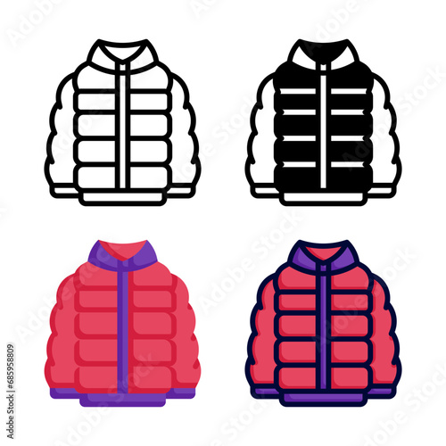 Puffer coat icon set style collection in line, solid, flat, flat line style on white background