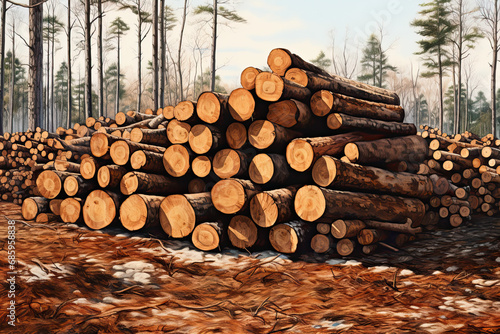 a pile of logs is piled in the forest. lumber in the forest  cut wooden logs in the stack. 