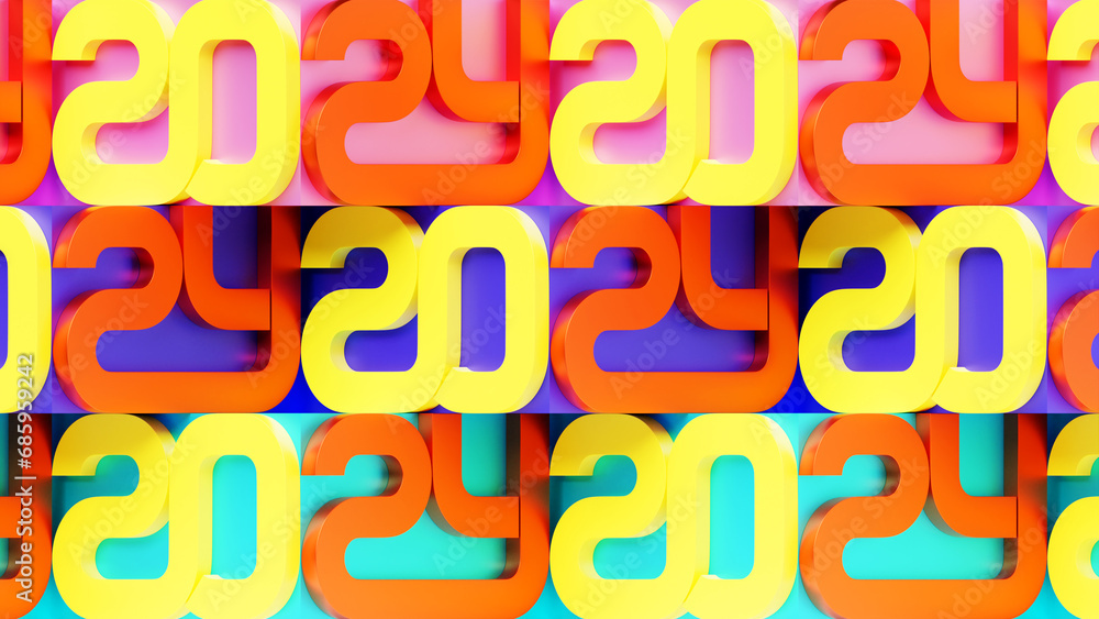 2024 calligraphy with 3d numbers on colorful background with New Year celebration balls for flyers, posters, signs for business design, brochures, cards, banners, postcards. 3D illustration 2024 calligraphy with 3d numbers on colorful background with New Year celebration balls for flyers, posters, signs for business design, brochures, cards, banners, postcards. 3D illustration