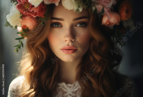beautiful bride wearing flower crown. AI generated Images