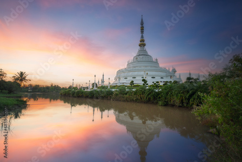 Konstfotografi Beautiful White Pagoda at Wat Sangtham in sunset time at Wang Nam Khiao District, Nakhon Ratchasima Thailand