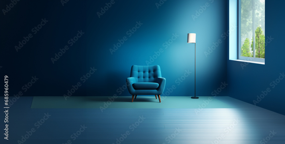 blue chair in the dark room, an image of a blue chair on a neutral background. Generative Ai content blue chair in the dark room, an image of a blue chair on a neutral background. Generative Ai content