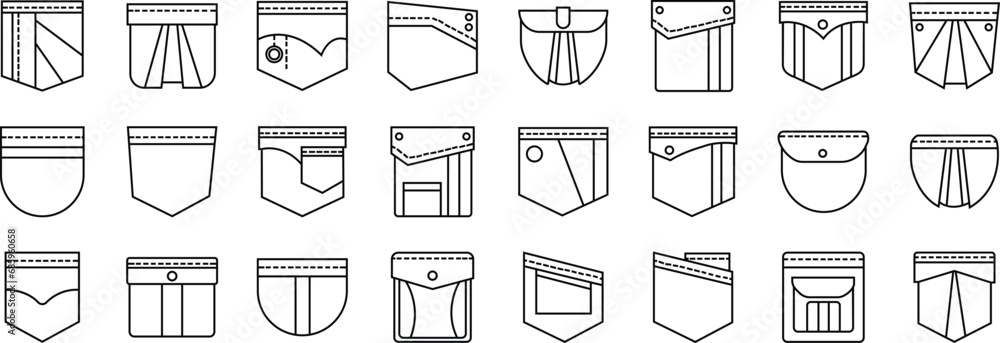 Pocket Icons Set. Men and women shirts, jeans pockets. Casual garment. Simple Line clothing category in store, casual unisex styles editable stock. Contour isolated Vectors transparent background. - obrazy, fototapety, plakaty 